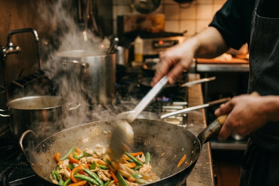 A cook stir-frying chicken with green beans and peppers in a steaming wok