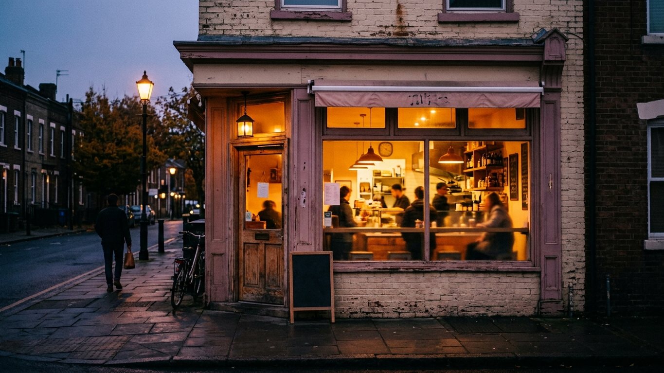 A corner takeout shop with a warmly lit front window at dusk